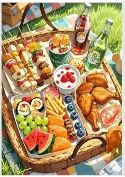 A platter of sweet dessert diamond painting kit components including cupcakes, watermelon, and strawberry art for home decor