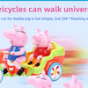 A pink piggy ride-on toy car with two pink pig figures is shown in motion.