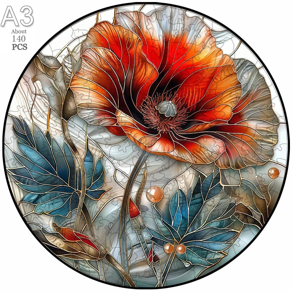 A circular puzzle featuring a vibrant orange and red flower with green leaves.