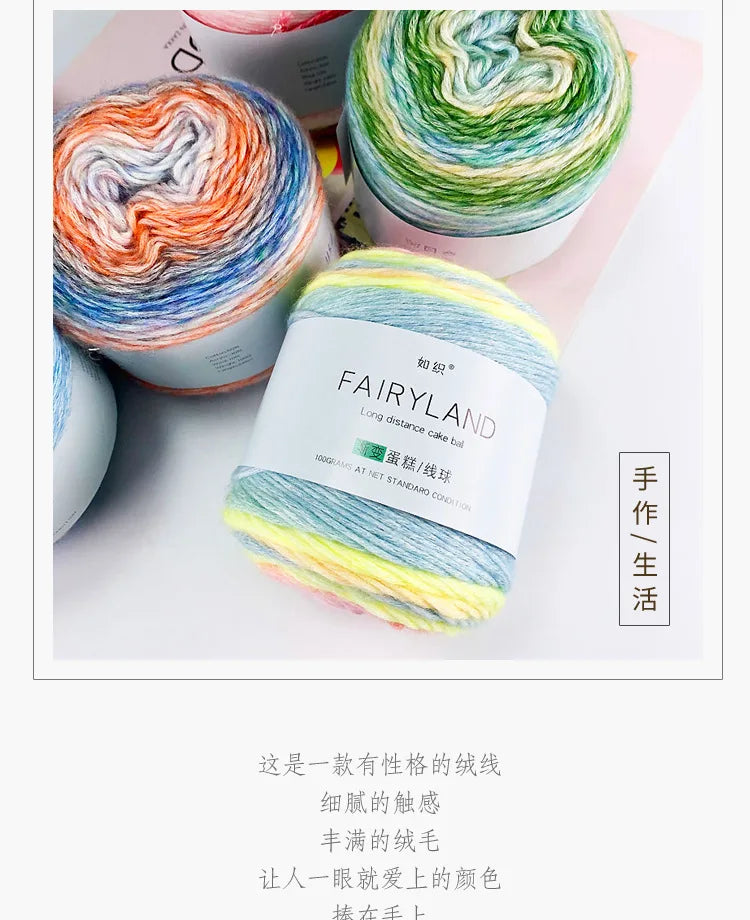 A display of colorful gradient rainbow cotton-wool yarn balls for knitting and crochet.