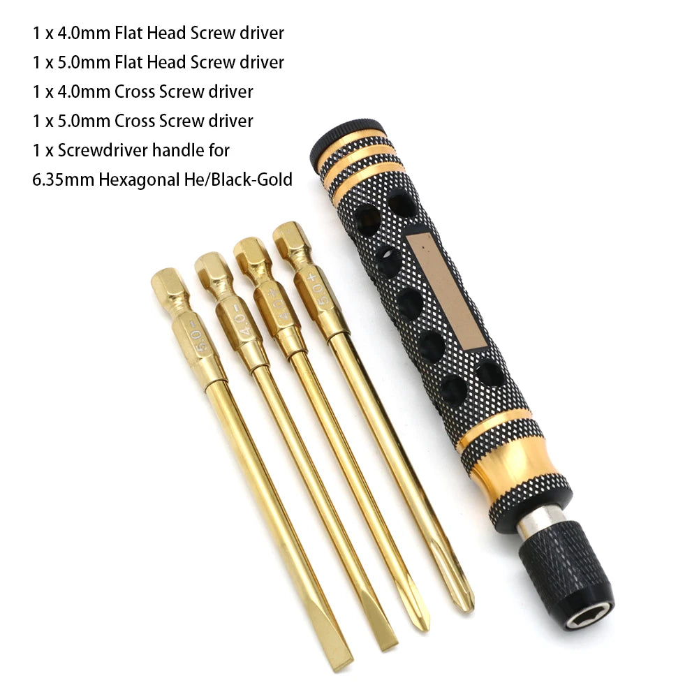 A set of precision hex screwdrivers including flat head and cross head drivers with a screwdriver handle.