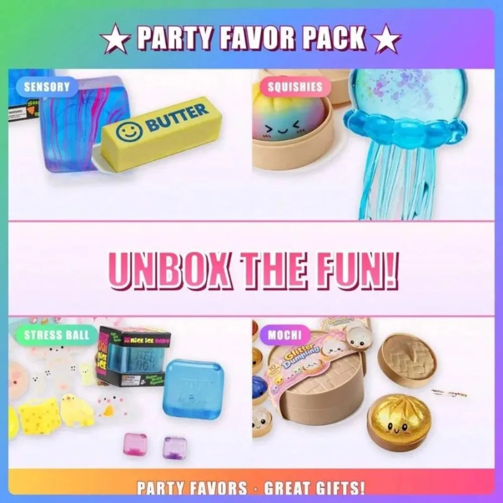 A party favor pack featuring butter, squishies, and various small gifts for a surprise box.