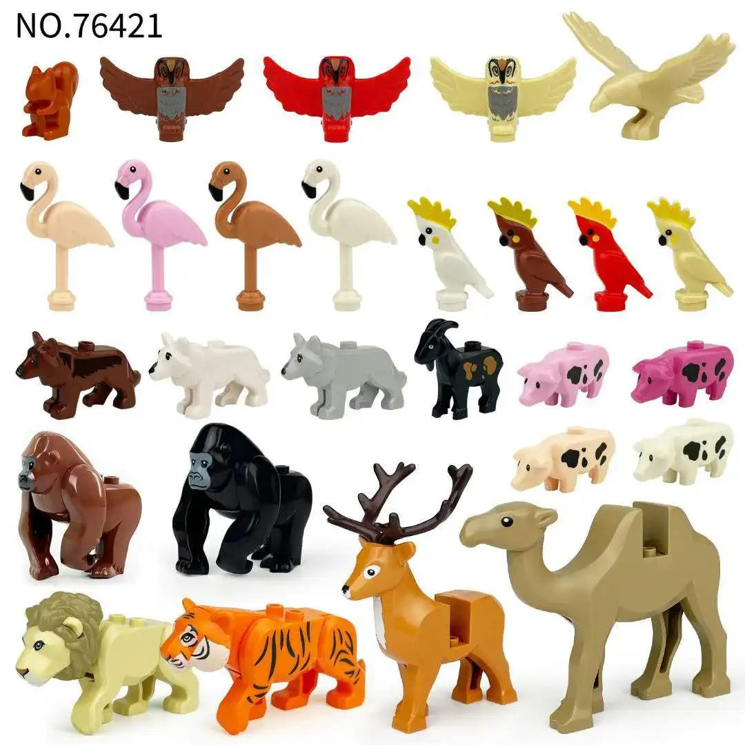 A collection of seven African wildlife animal building blocks, including a lion, elephant, giraffe, and various birds and mam