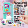 A miniature fridge playset with various food capsules and accessories for hands-on play.