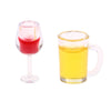 A set of miniature resin wine bottles and cups, including a red-colored glass and a yellow beverage glass.