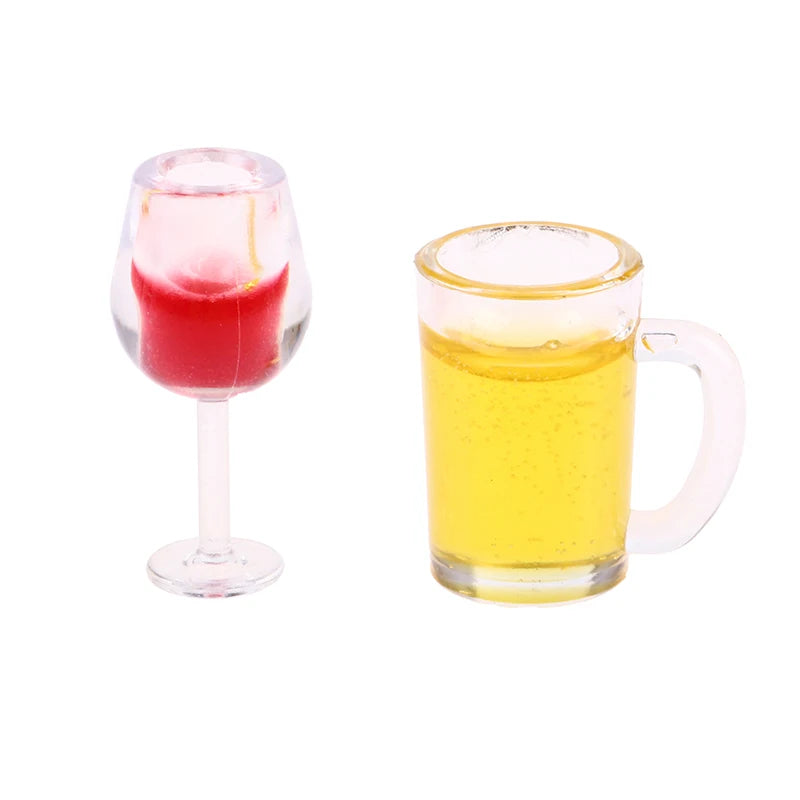 A set of miniature resin wine bottles and cups, including a red-colored glass and a yellow beverage glass.