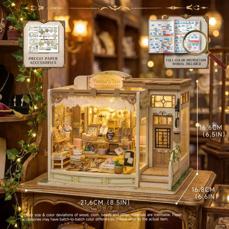 A detailed wooden miniature dollhouse kit featuring a glass display case and interior furniture.