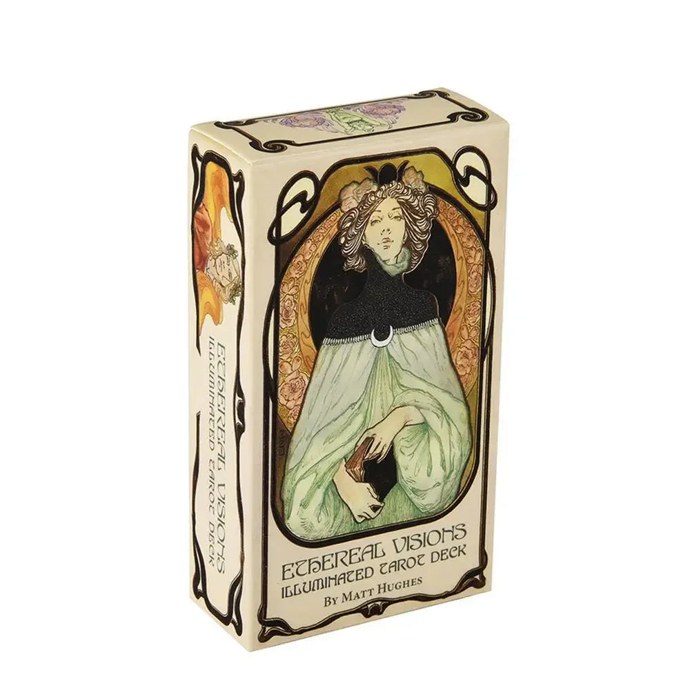 A box of the Ethereal Visions Tarot deck featuring an illustration of a woman in a dark dress and crown.