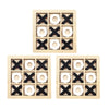 A wooden tic tac toe board game with black and white circular markers arranged in a grid.