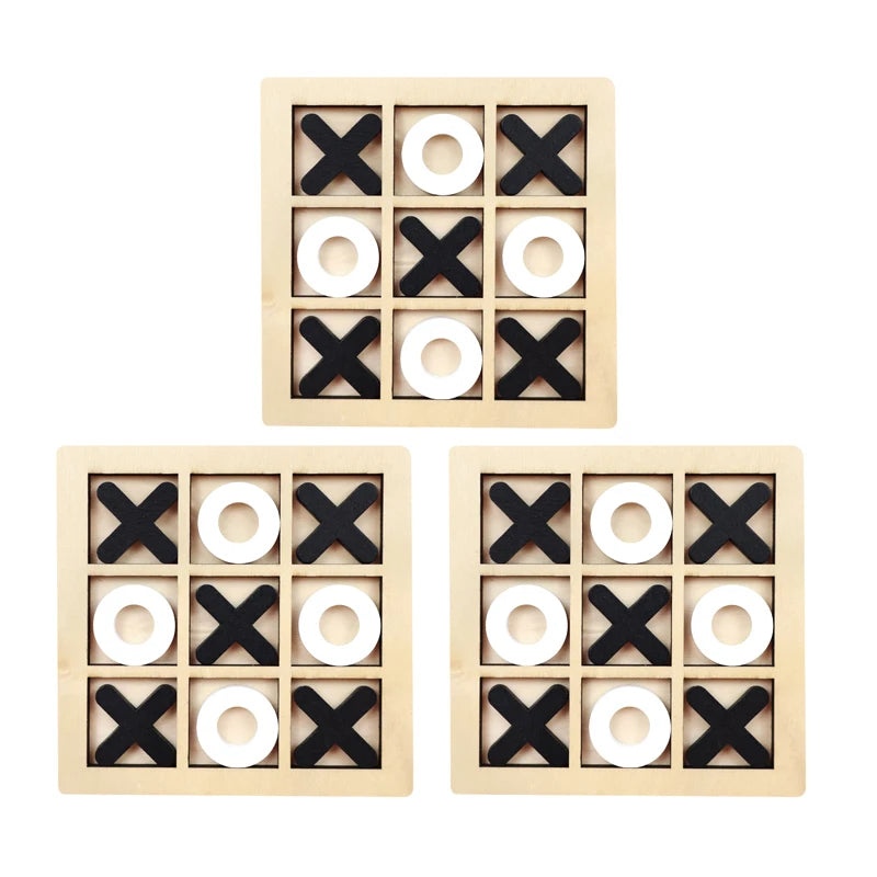 A wooden tic tac toe board game with black and white circular markers arranged in a grid.