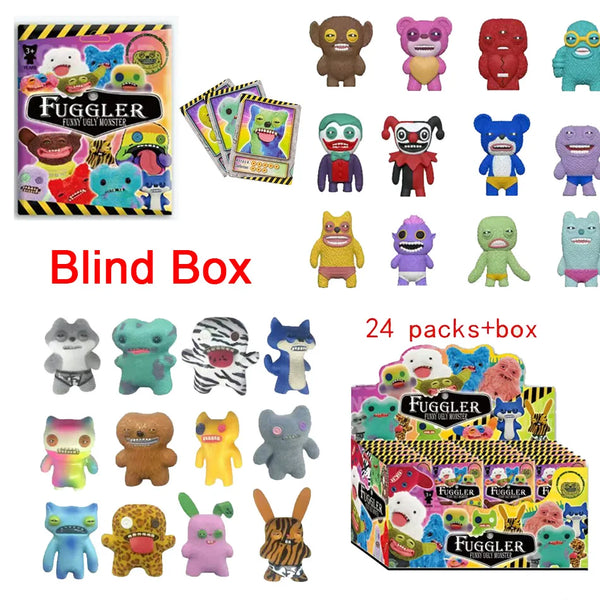 A collection of Fuggler collectible monster dolls in various colors and forms, including plush toys and figures.