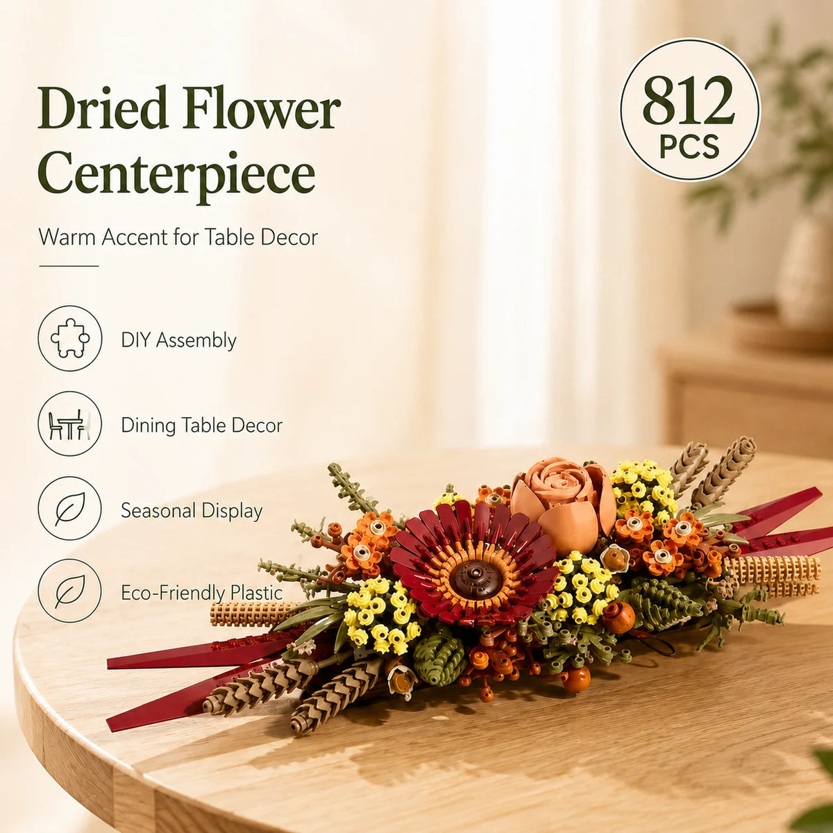 Dried flower centerpiece featuring various autumnal colors and textures arranged on a wooden table.