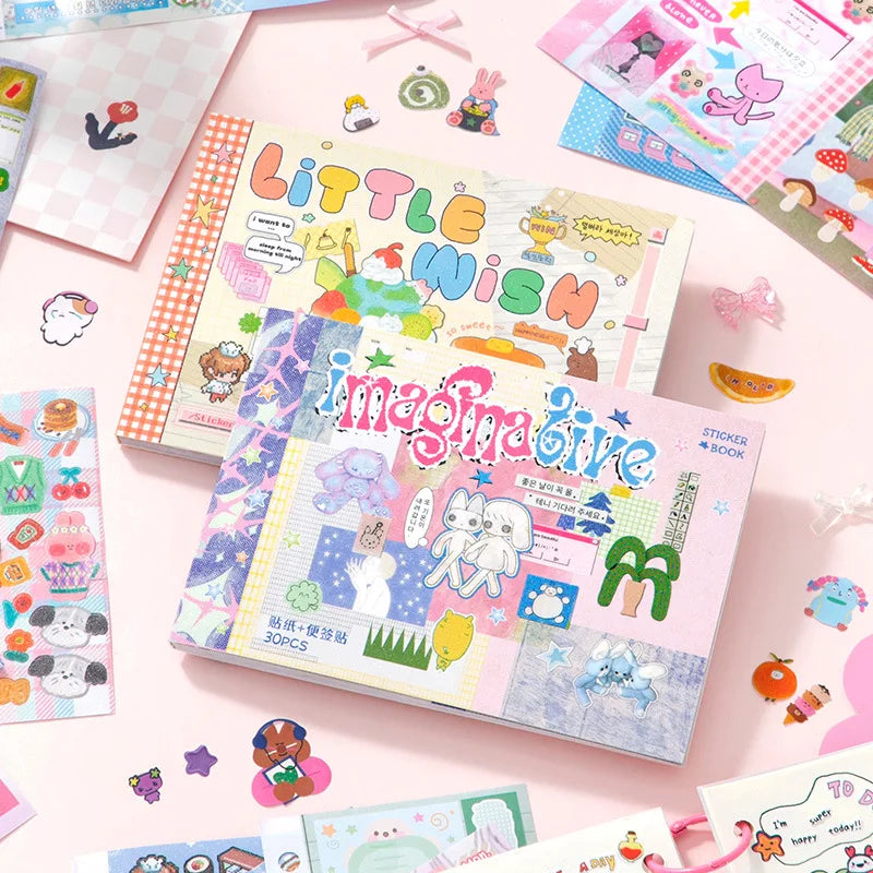 A collection of colorful kawaii cartoon stickers and writable notes for DIY scrapbooking
