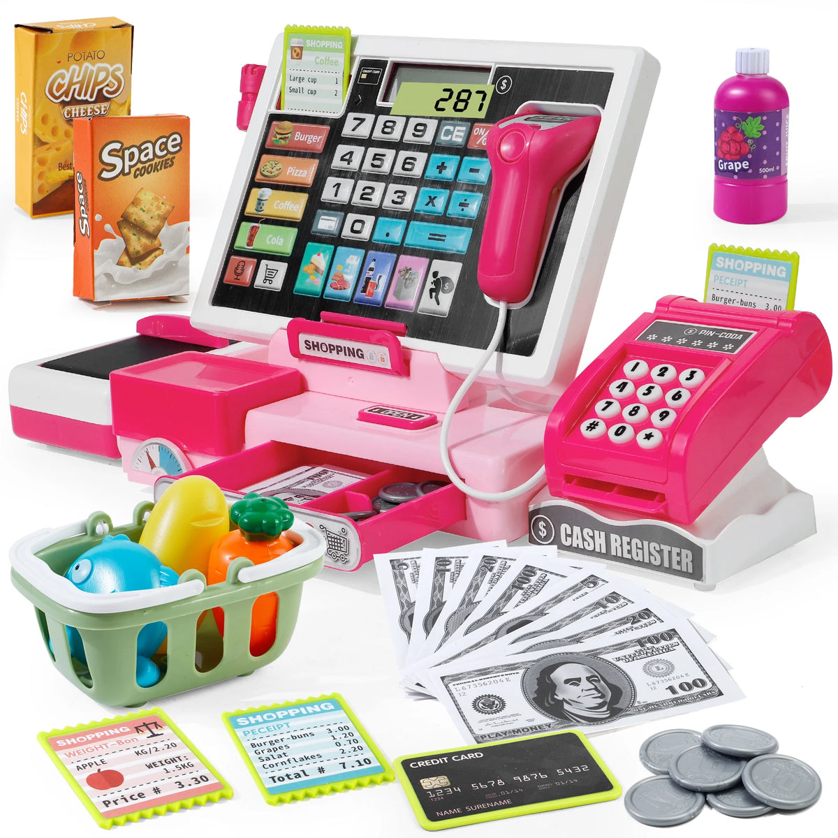 A pink pretend play cash register set with a calculator, cash register, and paper money for children's play.