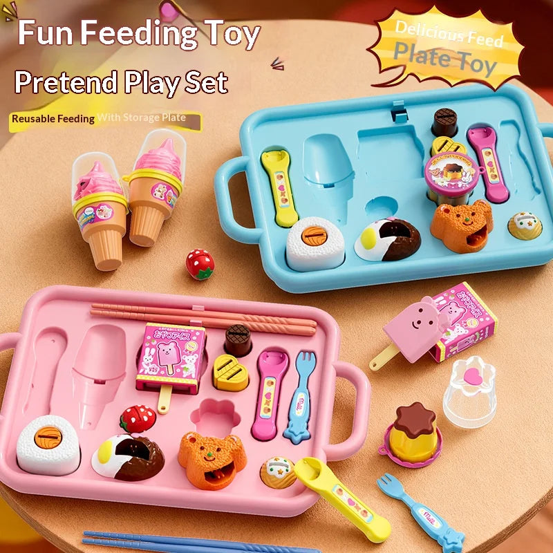 A colorful pretend play set featuring various food items and accessories for children