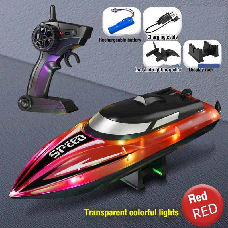 A red and black RC speedboat toy with transparent colorful lights, along with a charging cable and display rack.