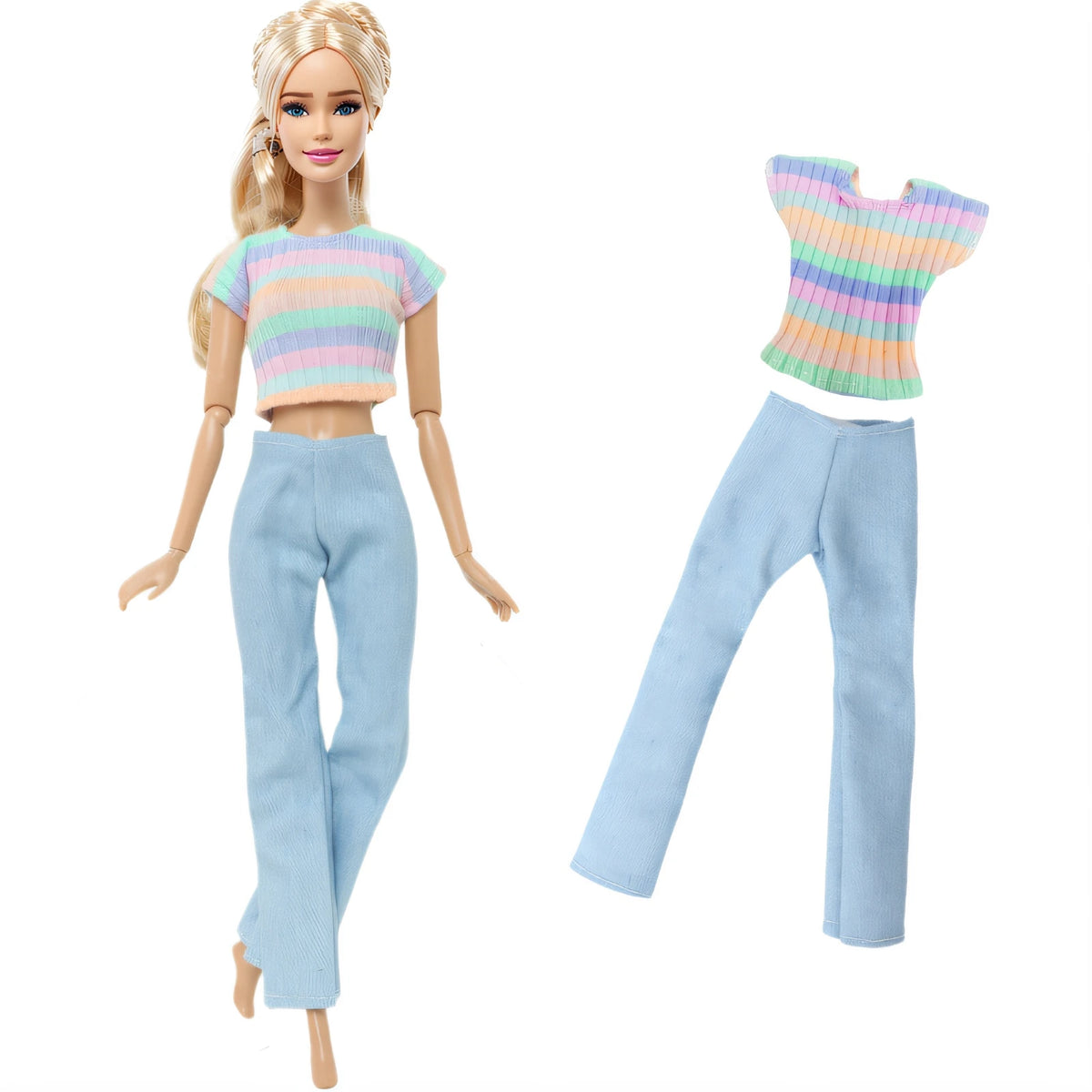 Fashion doll outfit set featuring a striped cropped top and light blue pants