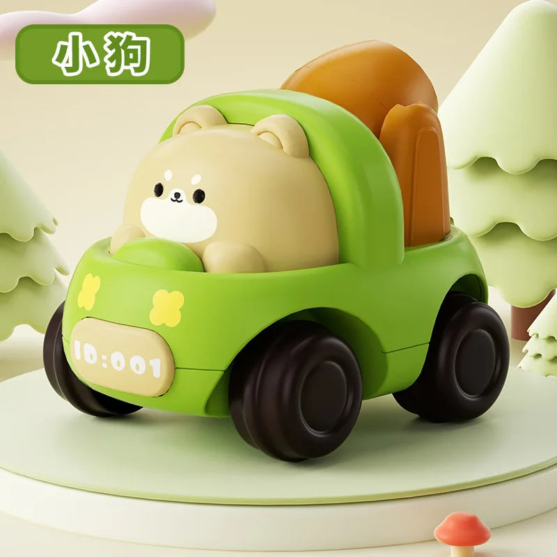 A green push and go toy car shaped like a bear is shown on a light green surface.