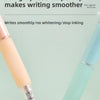 Close-up view of a light pink and blue gel pen set demonstrating smooth writing.