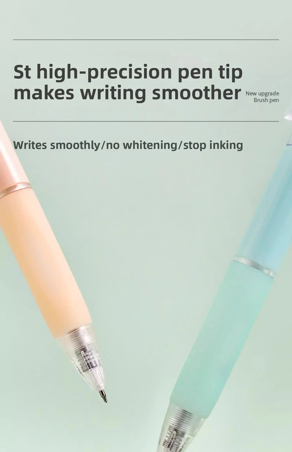 Close-up view of a light pink and blue gel pen set demonstrating smooth writing.