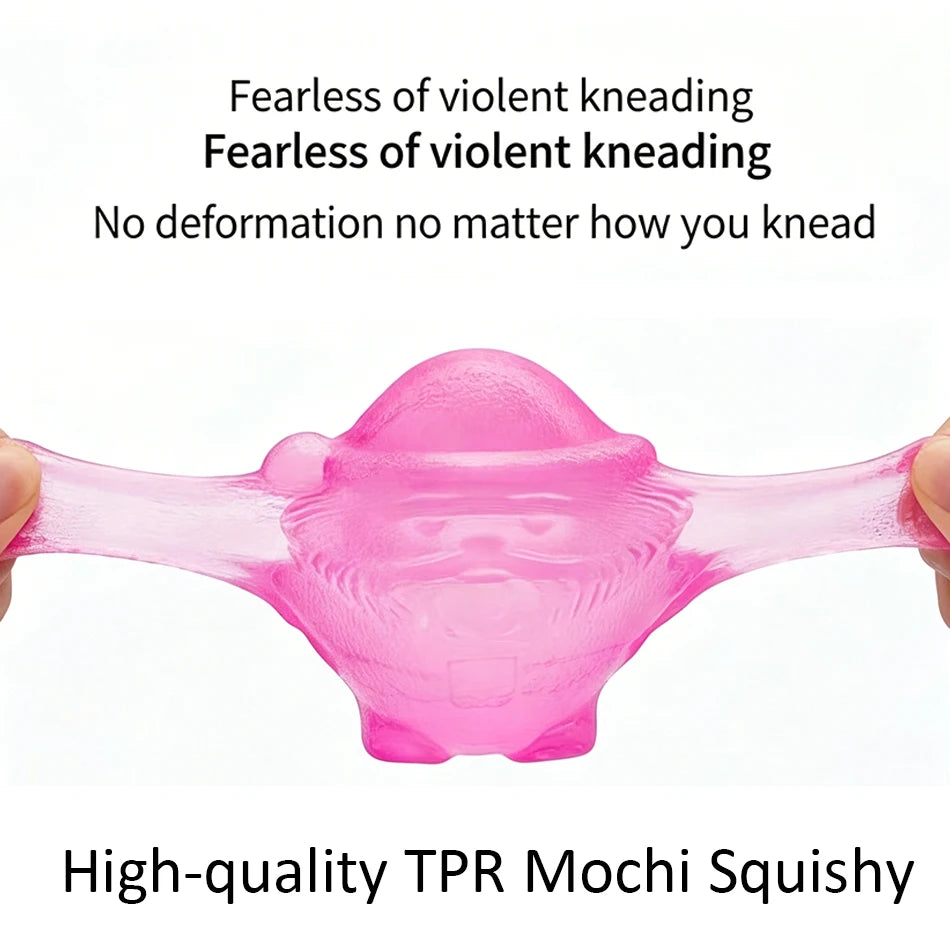 A pink TPR mochi squishy toy is shown being squeezed, emphasizing its fearless kneading and no deformation features.