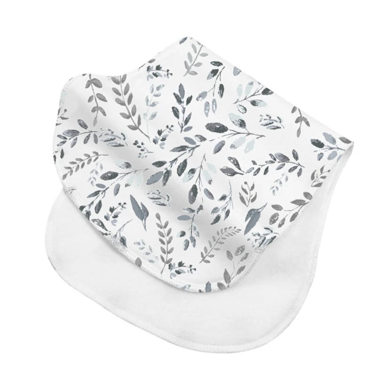 A white baby burp cloth featuring a delicate gray botanical leaf pattern.