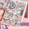 A close-up of a die-cut sticker book featuring 25 random color isometric house designs and various cute characters.