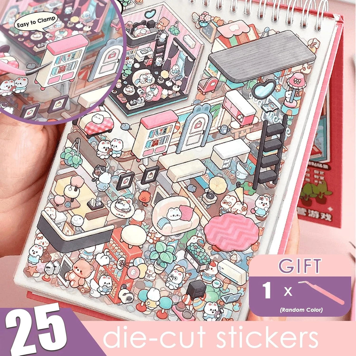 A close-up of a die-cut sticker book featuring 25 random color isometric house designs and various cute characters.