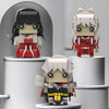 A set of anime-inspired collectible building block figures featuring characters with black hair and red clothing.