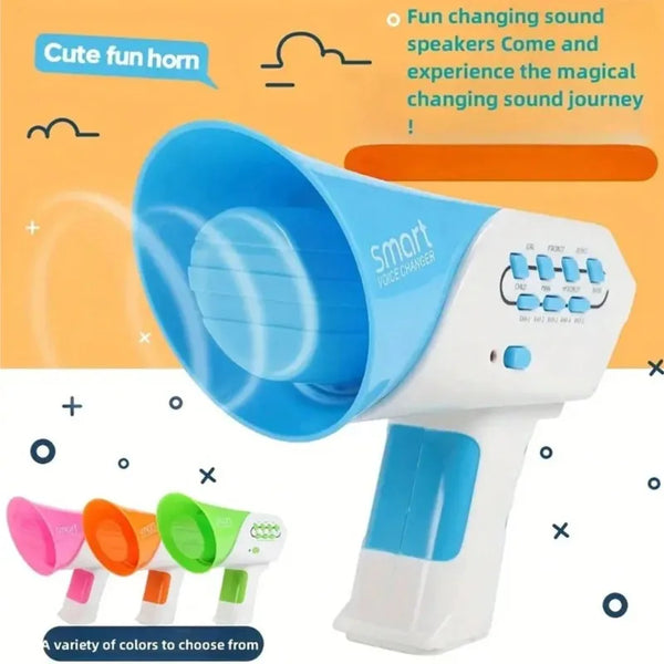 A bright blue voice changer megaphone for kids with multiple color options shown.