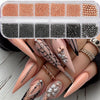 A collection of gold and black caviar beads for DIY nail art mixed sizes displayed on a hand.
