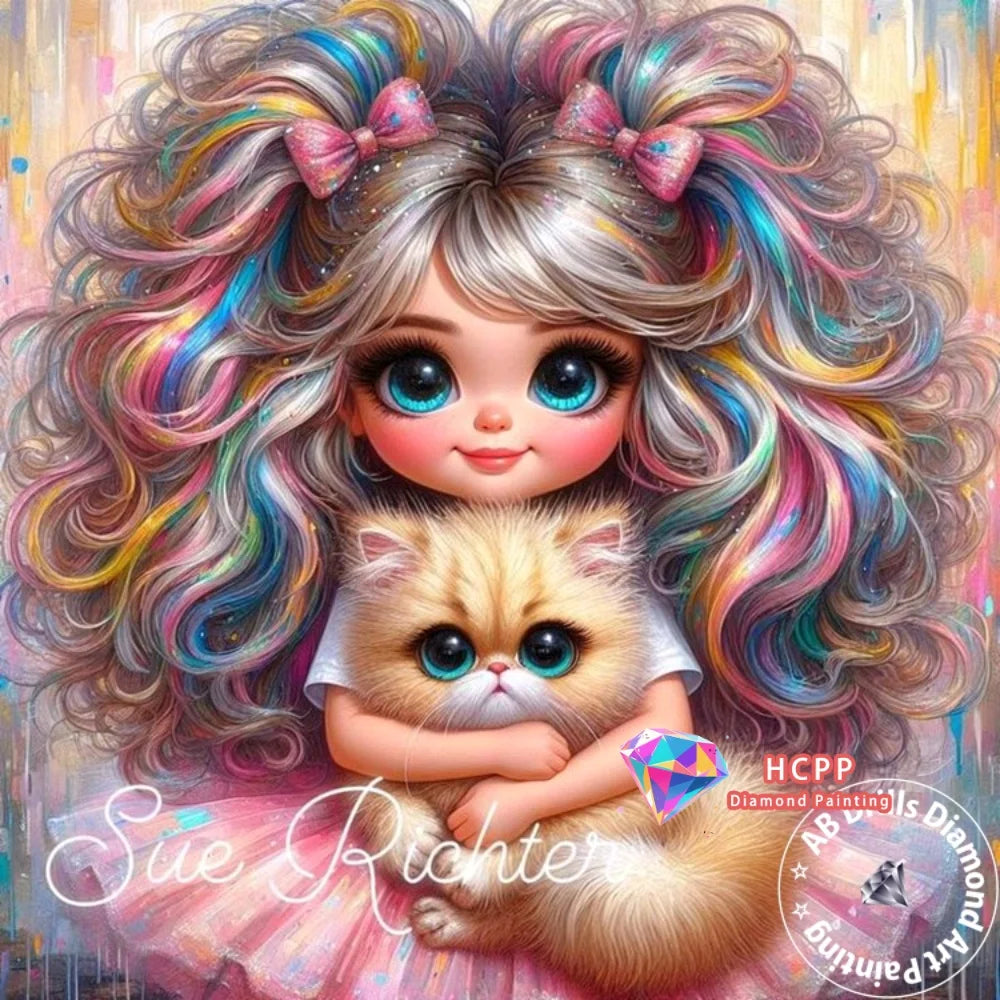 A cute cartoon girl with pink and multicolored hair holds a fluffy orange cat.
