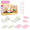 A set of miniature dollhouse furniture including bathroom, kitchen, and laundry playset items.