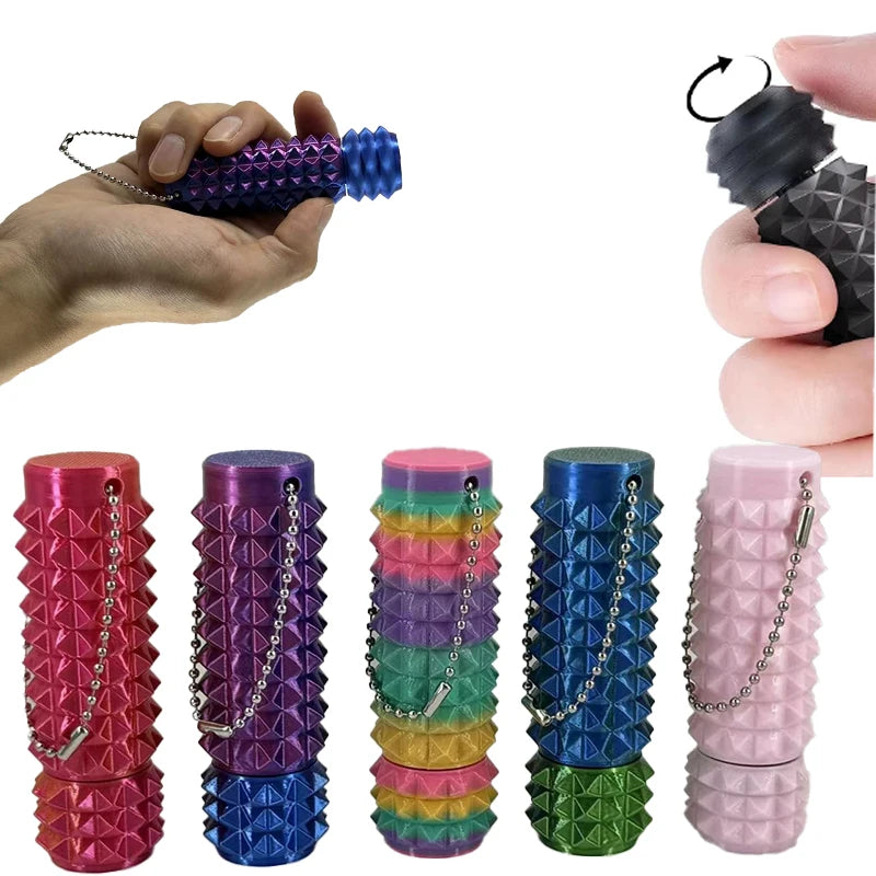 A set of colorful 3D printed spike rollers and a keychain fidget toy displayed in various shades.