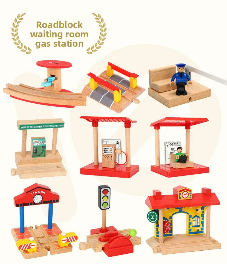 A set of wooden train track accessories including a roadblock waiting room, diesel locomotive fueling station, and various st