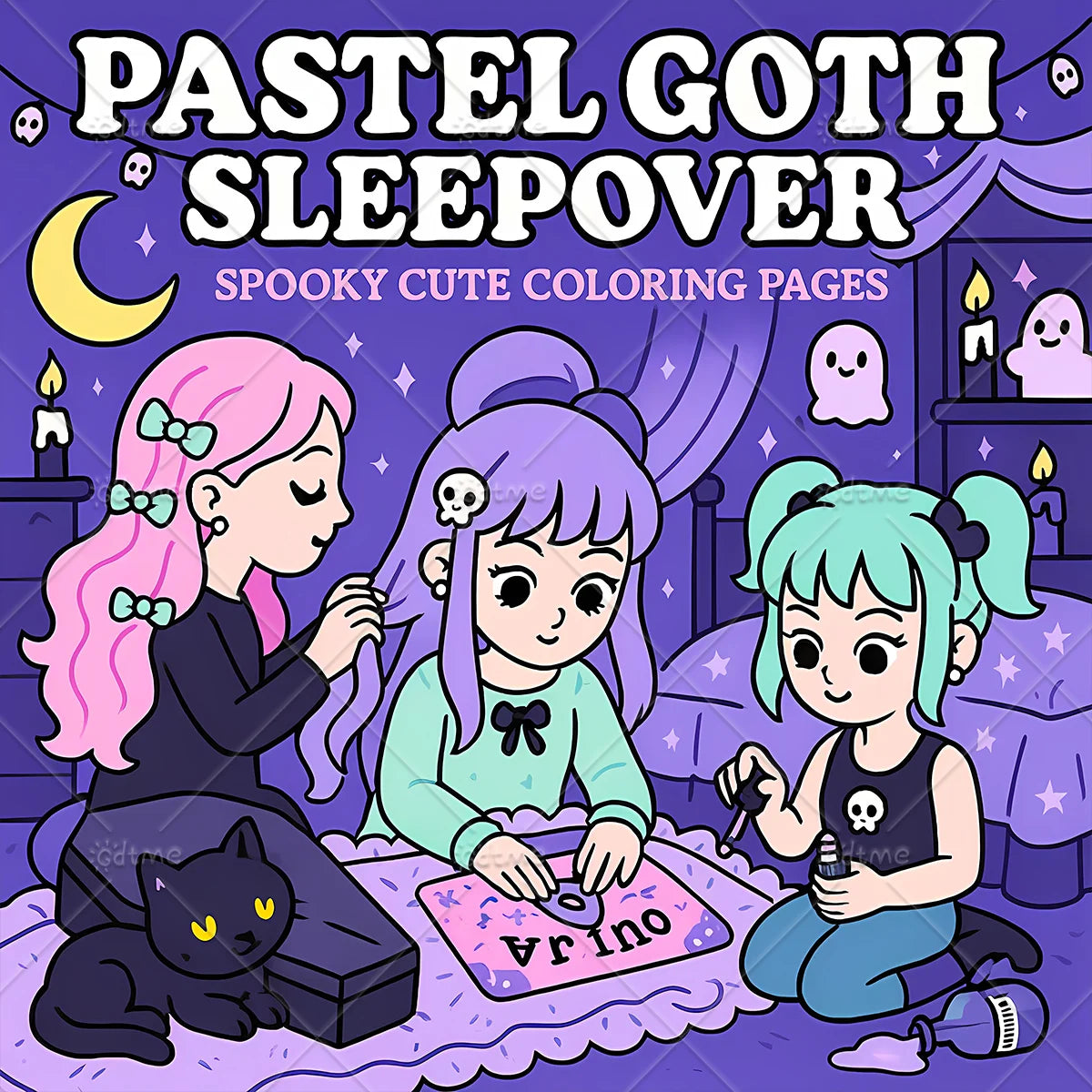 A colorful illustration of three chibi-style characters in pastel goth attire coloring pages for a sleepover theme.