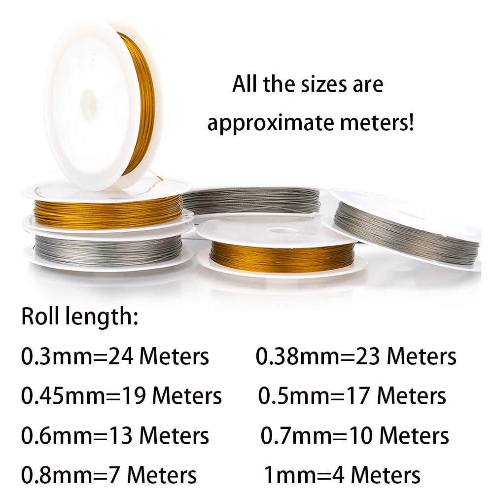Rolls of stainless steel beading wire in various gauges and lengths, with corresponding meter counts.