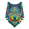 A vibrant, detailed illustration of a wolf's face with colorful feathers and fur patterns.