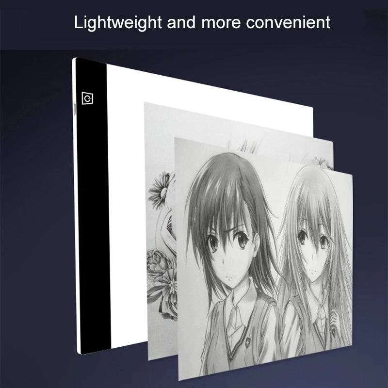 A white LED drawing copy pad is shown next to a black tablet, illustrating lightweight and convenient art supplies.