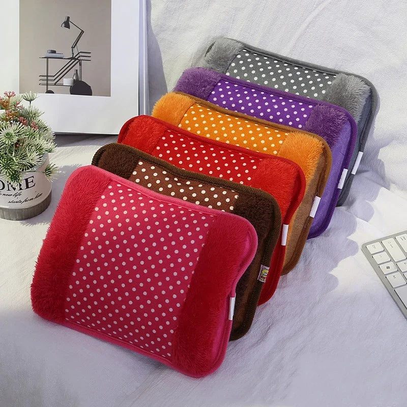 A collection of colorful, soft-covered rechargeable hot water bottles arranged in a row.