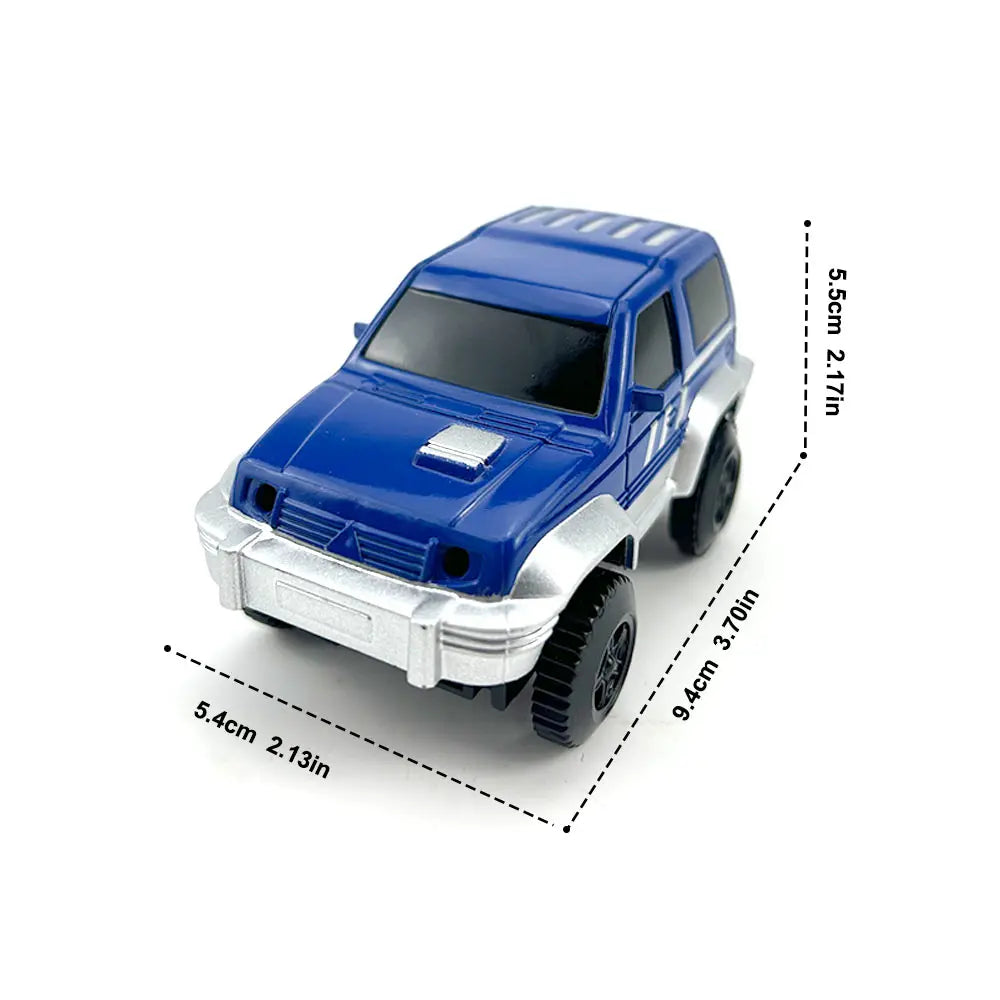 Blue glowing LED race track car toy set for kids shown from the side with dimensions.