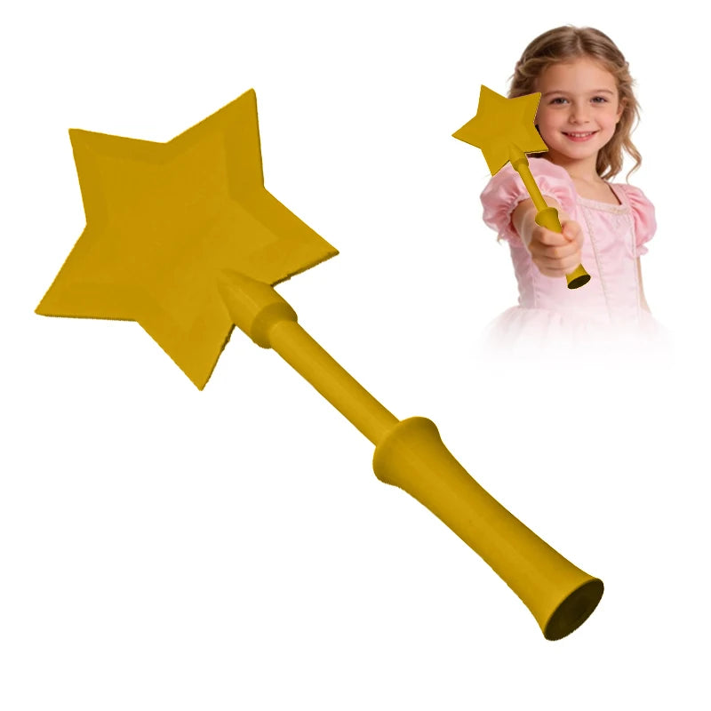 A yellow star-shaped magic wand with a gold handle and a young girl holding it.