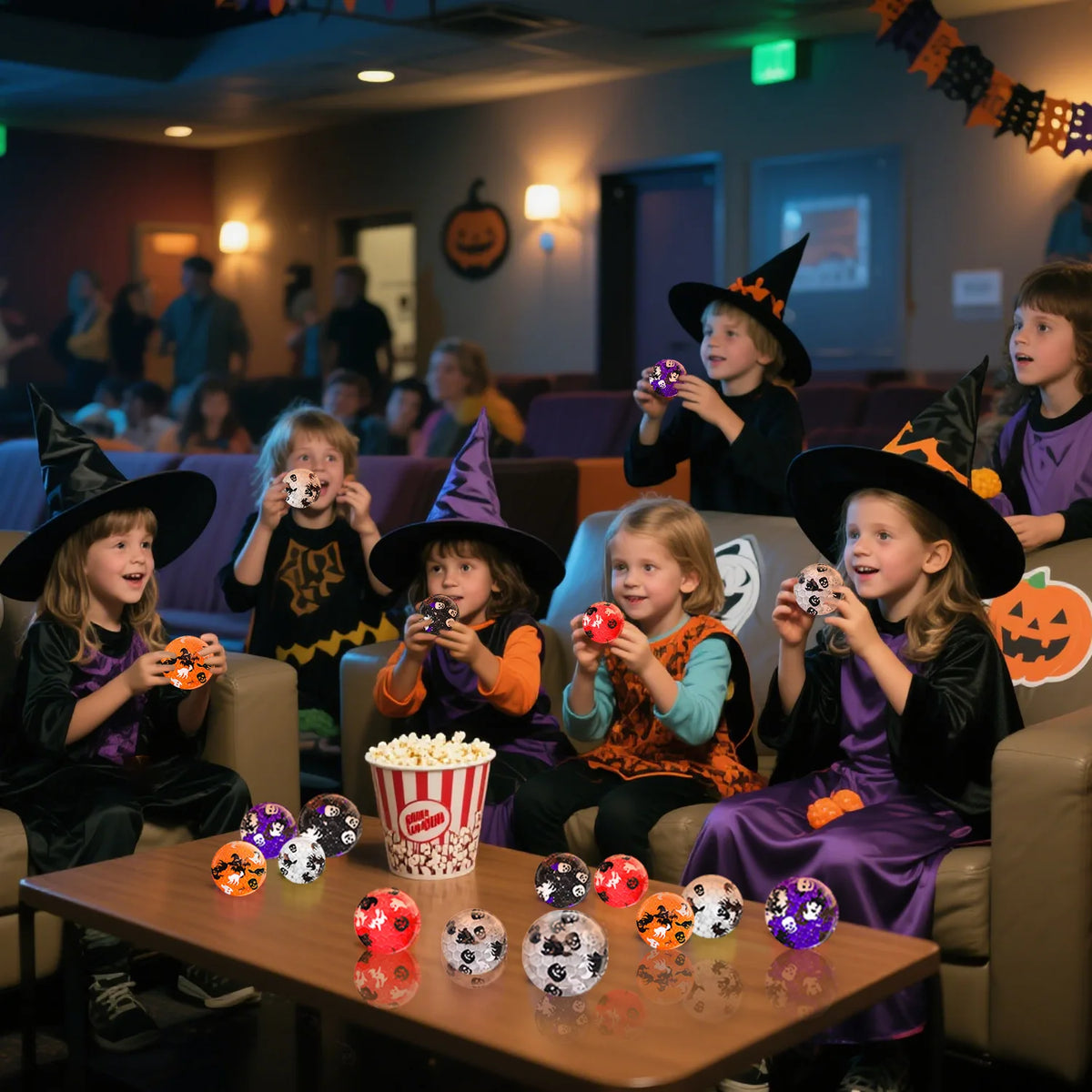 Three young girls holding Halloween pumpkin and ghost squishy stress balls in a dimly lit room.