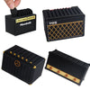 Three views of a black 3D printed guitar pick holder with slot storage featuring a gold mesh pattern.