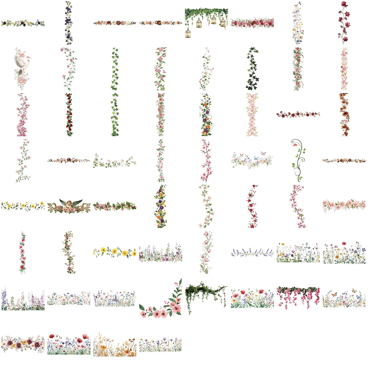 A collection of floral lace PET stickers featuring various roses and morning glory vines in pink, green, and orange hues.