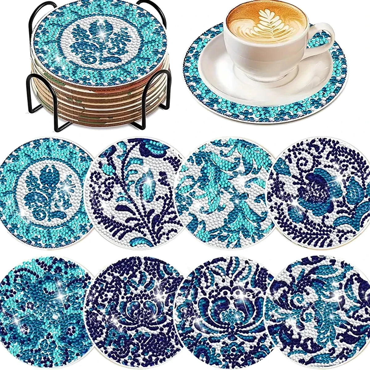 A set of blue and white floral diamond art coasters with a metal holder.