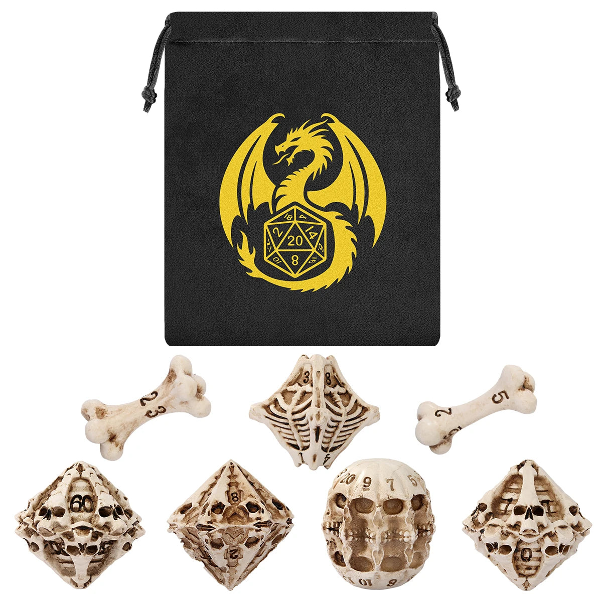 A set of bone skulls carved polyhedral dice, including a large skull and several smaller ones.