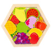 A wooden 3D jigsaw puzzle featuring various colorful, sliced fruits and vegetables.
