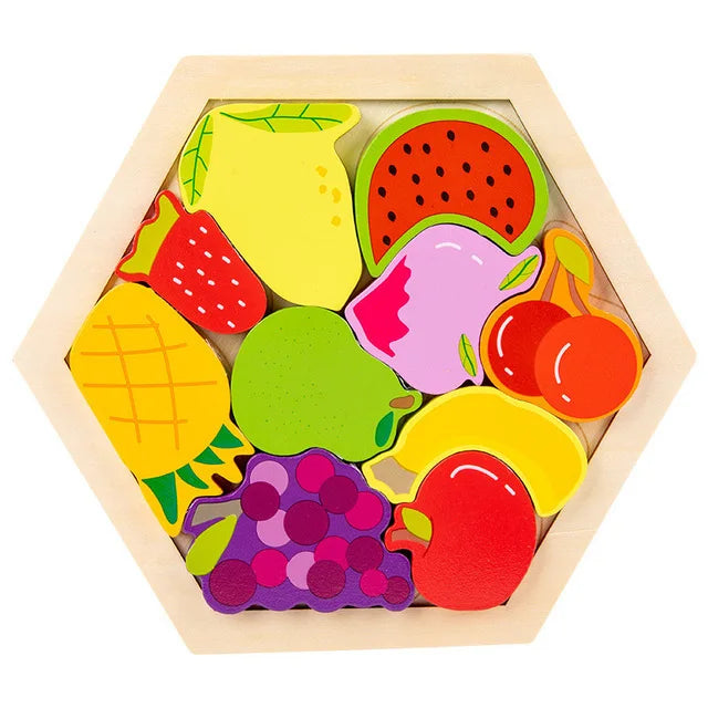 A wooden 3D jigsaw puzzle featuring various colorful, sliced fruits and vegetables.
