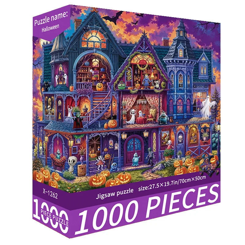 A 1000-piece jigsaw puzzle depicting a spooky Halloween-themed haunted mansion with glowing windows and seasonal decorations.
